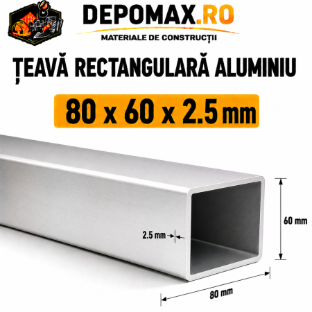 Teava rectangulara aluminiu 80 x 60 x 2.5 mm, 6 metri (EN AW-6060)